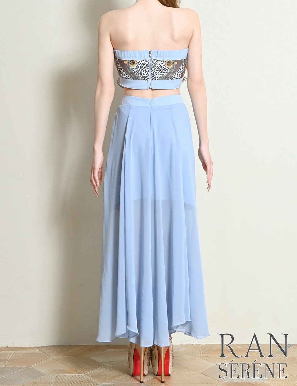 [即納][instock]【RAN SERENE】ロング/ドレス/ワンピース/ブルー/ベア/フレア/サイドカットアウト/柄/スカーフ