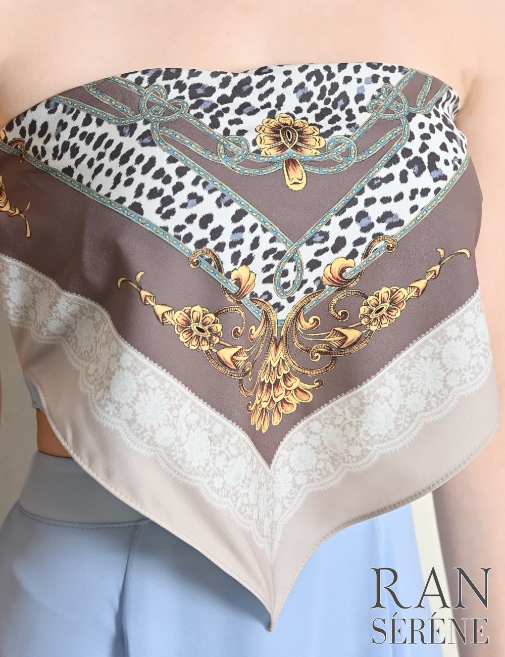 [即納][instock]【RAN SERENE】ロング/ドレス/ワンピース/ブルー/ベア/フレア/サイドカットアウト/柄/スカーフ