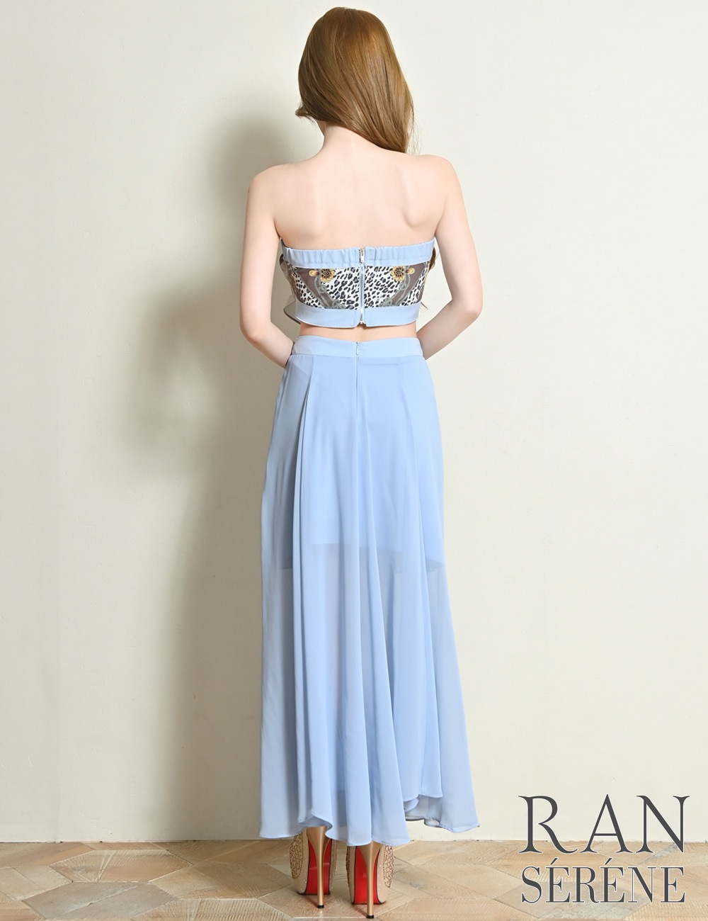 [即納][instock]【RAN SERENE】ロング/ドレス/ワンピース/ブルー/ベア/フレア/サイドカットアウト/柄/スカーフ