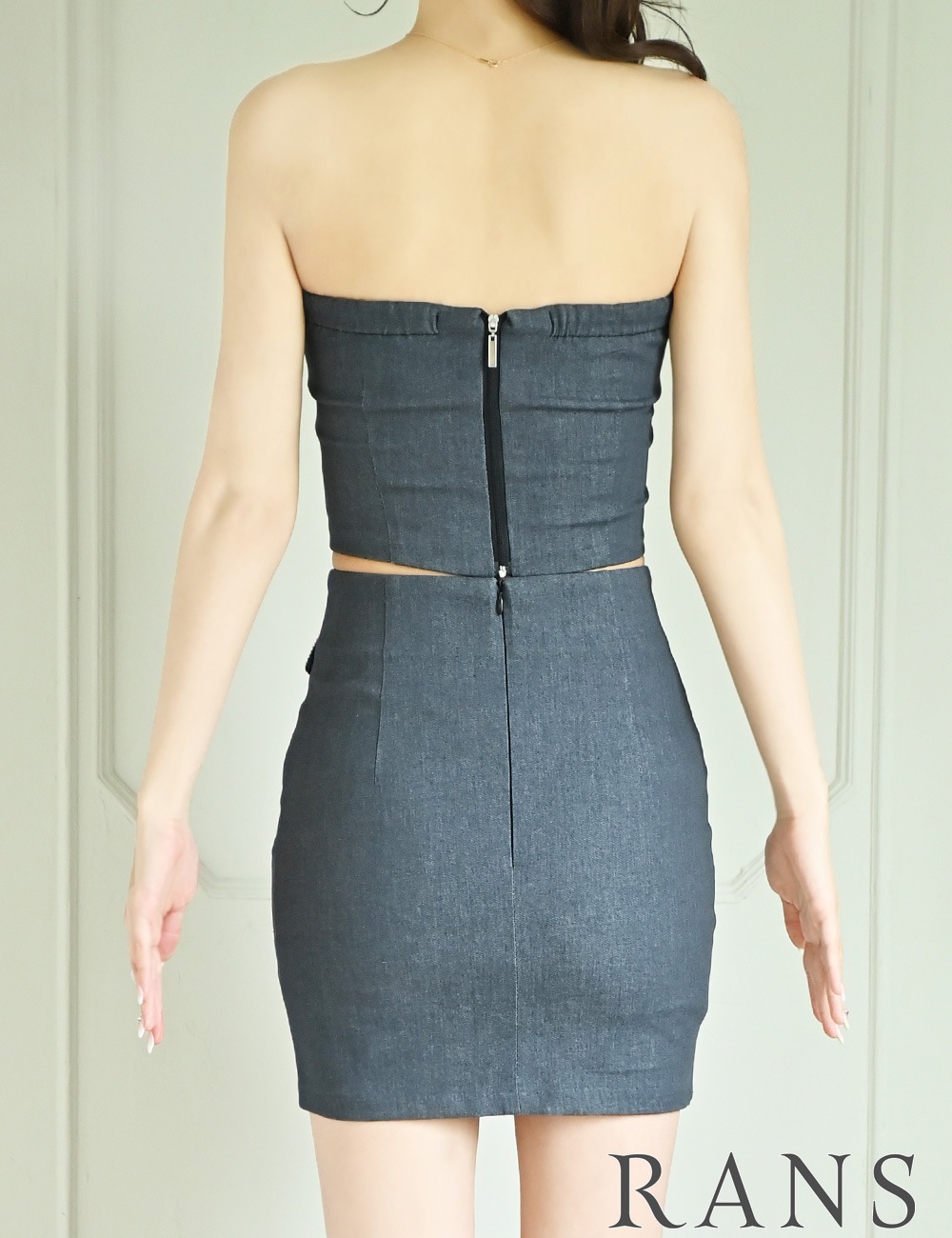 [Mのみ即納][instock]【RANS】ミニ/ドレス/ベア/デニム/ブラック/セットアップ/タイト