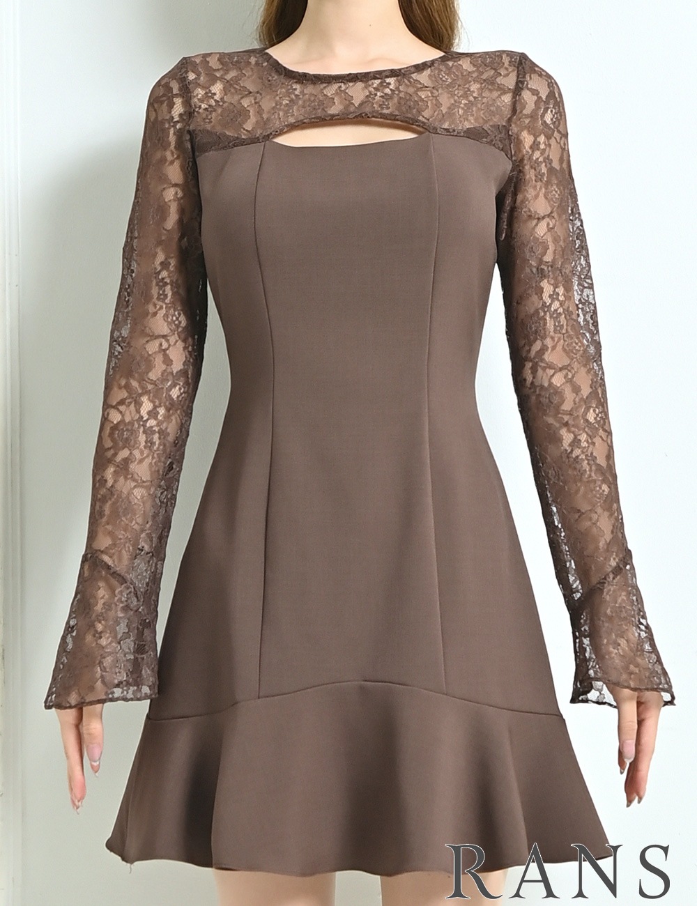 [Sのみ即納][instock]【RANS】ミニ/ドレス/ワンピース/ブラウン/袖あり/長袖/フレア/レース
