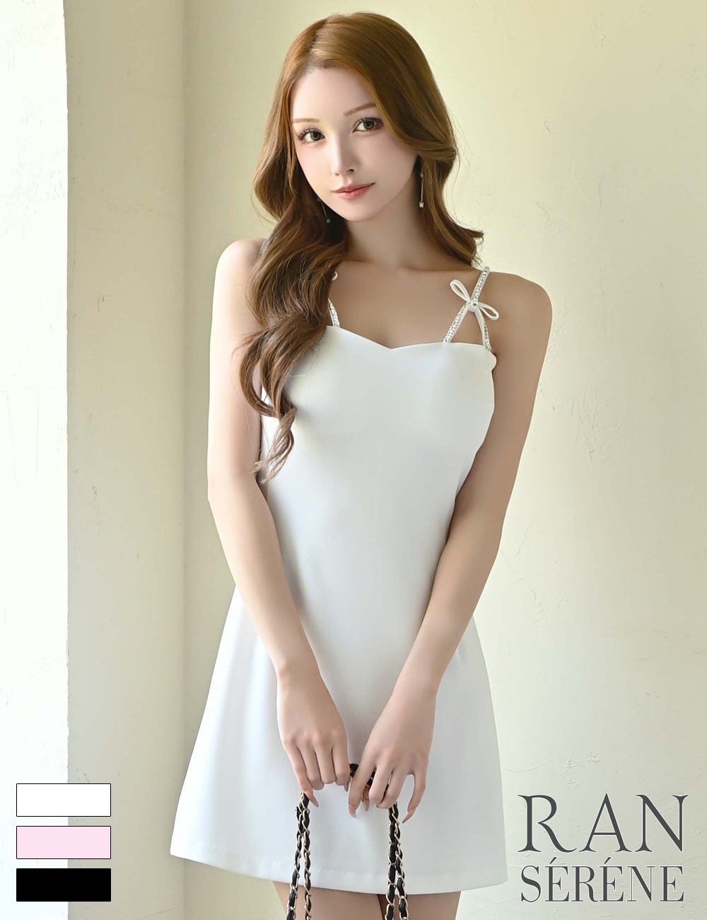 [即納][instock]【RAN SERENE】ミニ/ドレス/ワンピース/ホワイト/キャミ/フレア/ビジュー/リボン