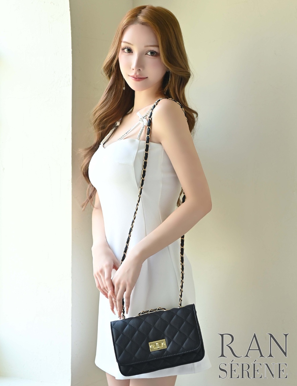 [即納][instock]【RAN SERENE】ミニ/ドレス/ワンピース/ホワイト/キャミ/フレア/ビジュー/リボン