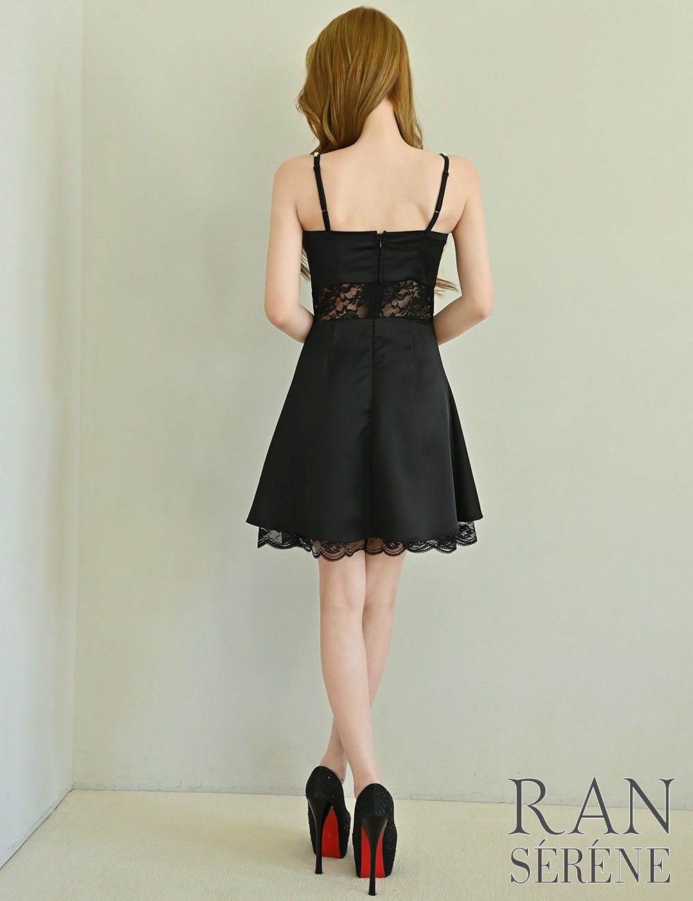 [即納][instock]【RAN SERENE】ミニ/ドレス/ワンピース/ブラック/キャミ/フレア/ビジュー/サテン/レース