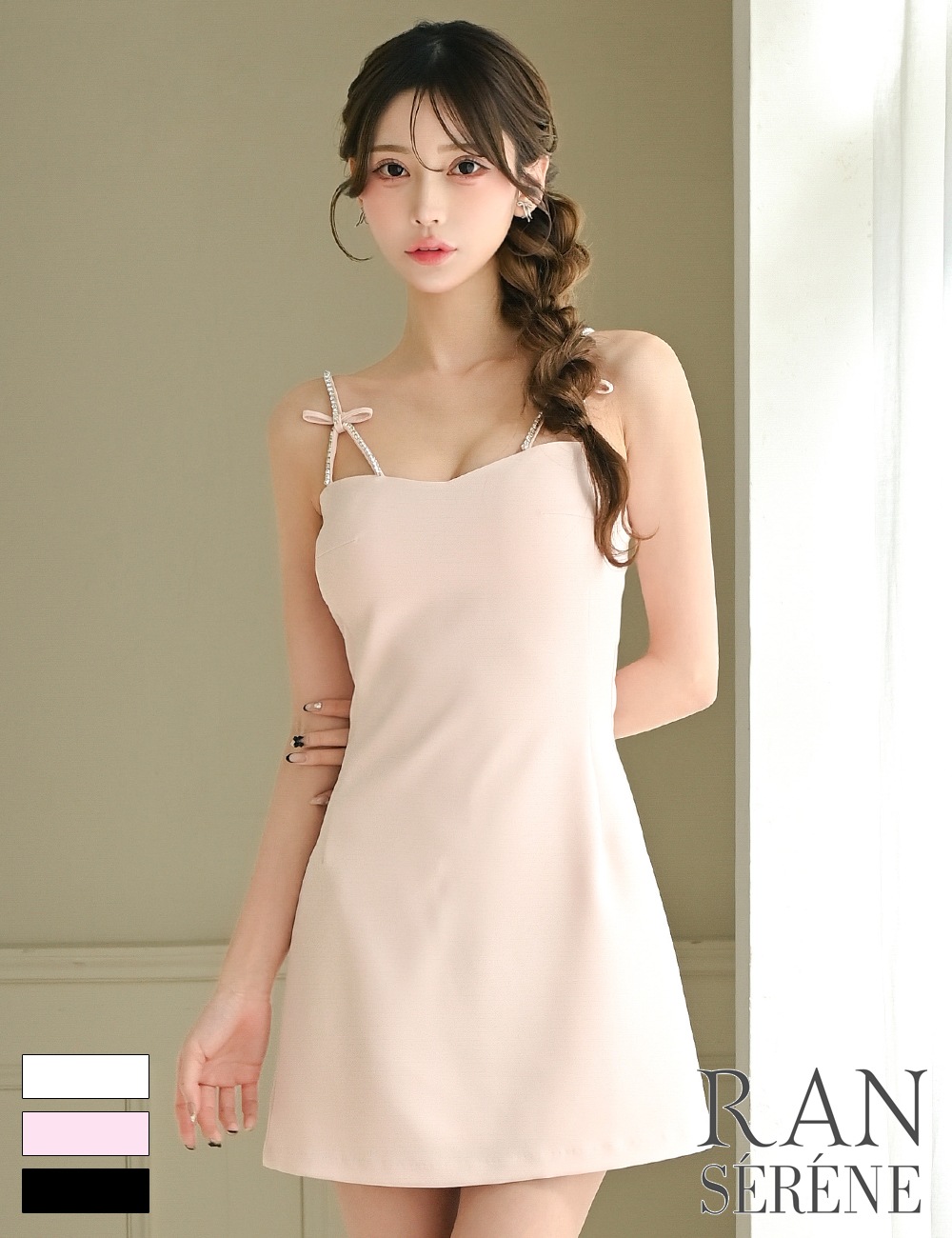 [Sのみ即納][instock]【RAN SERENE】ミニ/ドレス/ワンピース/ピンク/キャミ/フレア/ビジュー/リボン