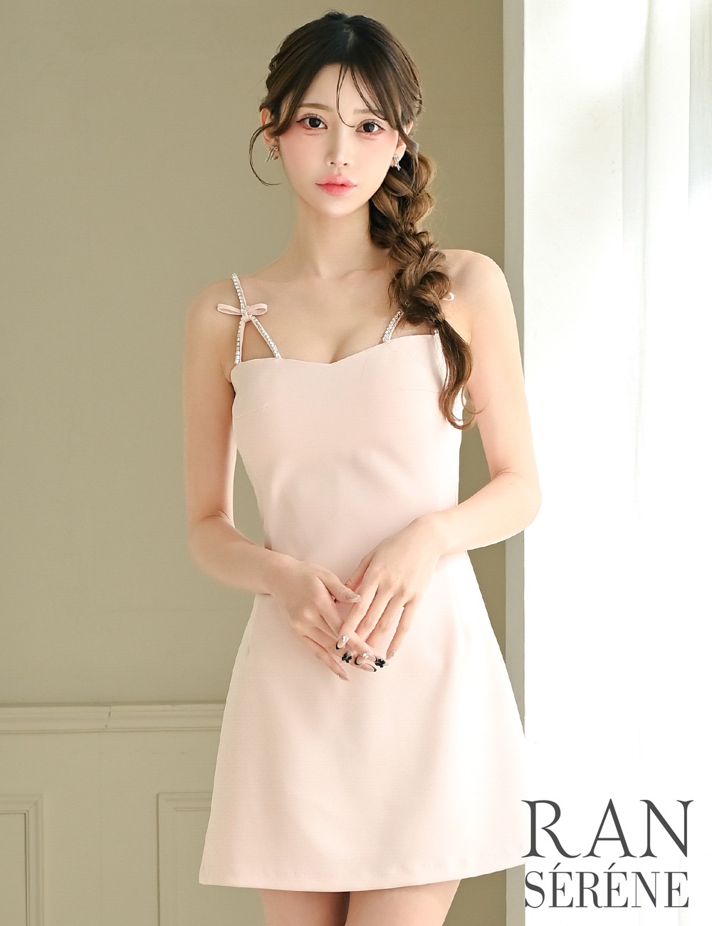 [Sのみ即納][instock]【RAN SERENE】ミニ/ドレス/ワンピース/ピンク/キャミ/フレア/ビジュー/リボン