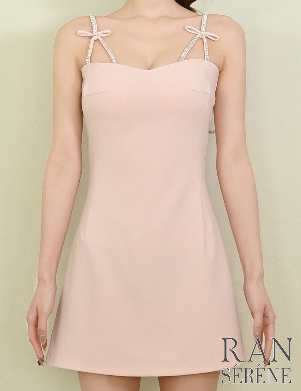 [Sのみ即納][instock]【RAN SERENE】ミニ/ドレス/ワンピース/ピンク/キャミ/フレア/ビジュー/リボン