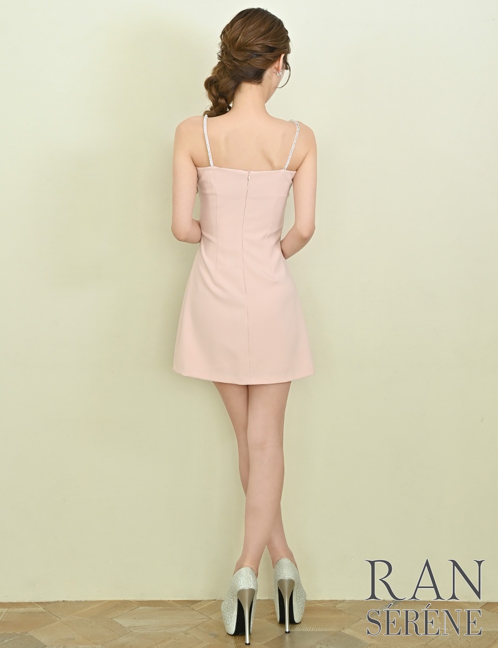 [Sのみ即納][instock]【RAN SERENE】ミニ/ドレス/ワンピース/ピンク/キャミ/フレア/ビジュー/リボン