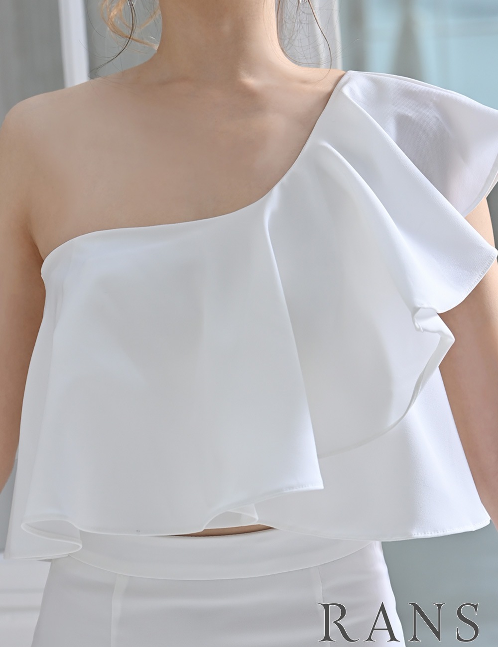 AJISAI mini frill puff OP ホワイト S RANS】ミニ/ドレス/セットアップ/フレア/ホワイト/ワンショル/フリル