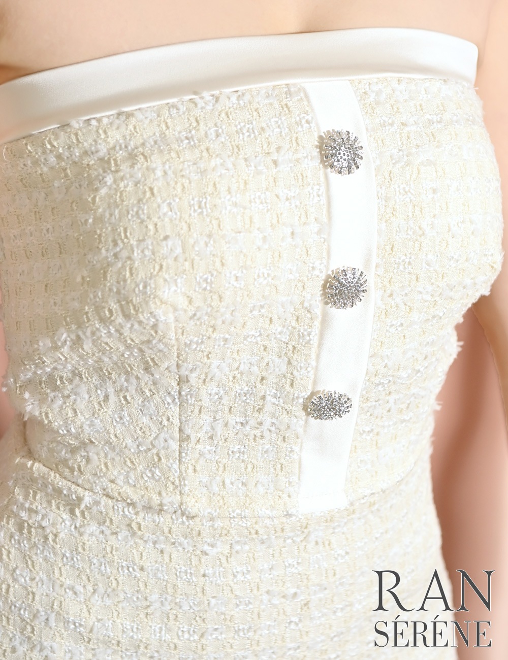 [Sのみ即納][instock]【RAN SERENE】ミニ/ドレス/セットアップ/ホワイト/ベア/フレア/ツイード/柄/チェック