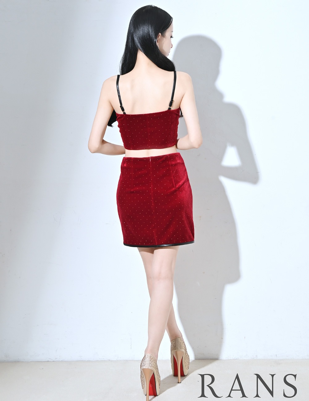 [Mのみ即納][instock]【RANS】ミニ/ドレス/セットアップ/タイト/レッド/ベロア/スタッズ/レザー
