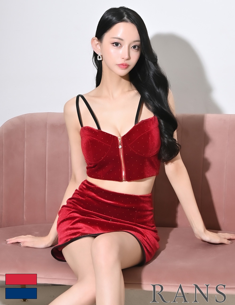 [Mのみ即納][instock]【RANS】ミニ/ドレス/セットアップ/タイト/レッド/ベロア/スタッズ/レザー