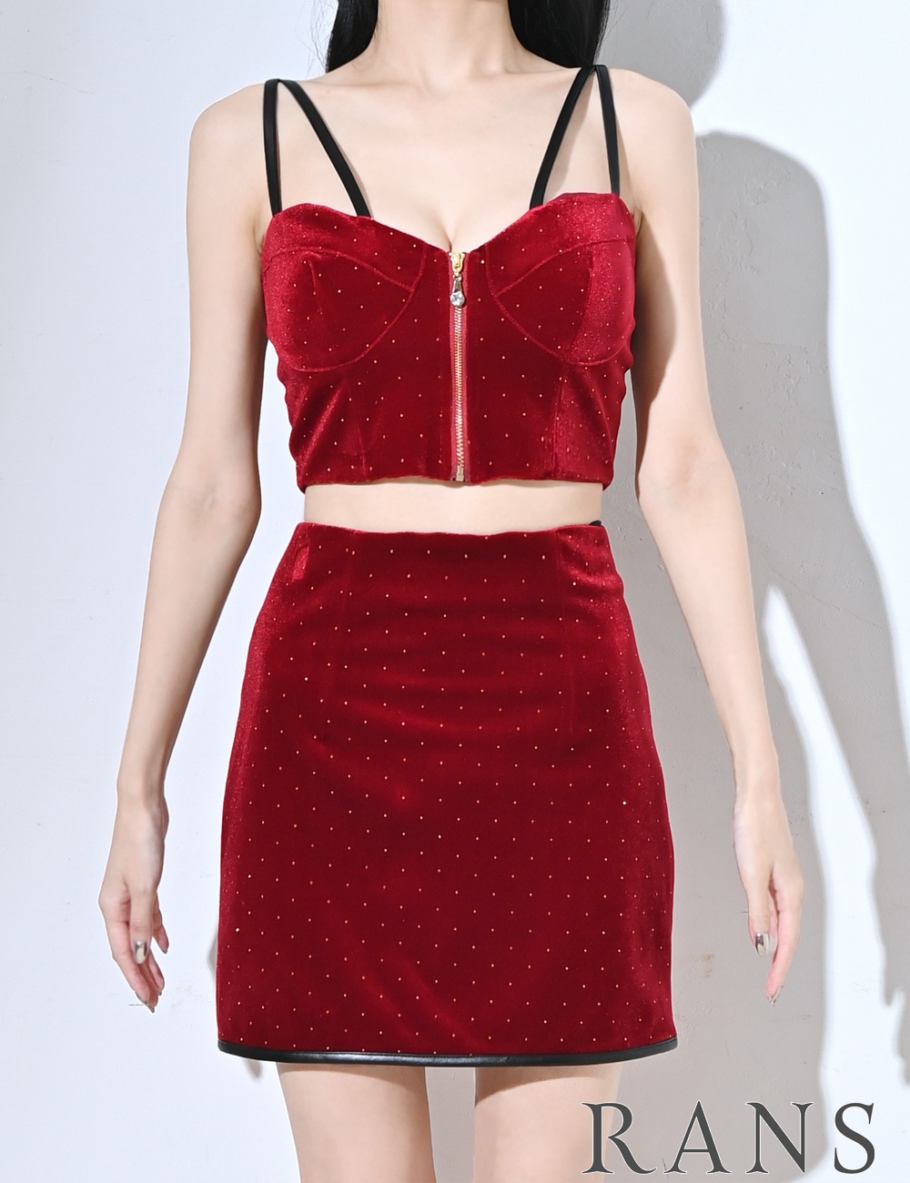 [Mのみ即納][instock]【RANS】ミニ/ドレス/セットアップ/タイト/レッド/ベロア/スタッズ/レザー
