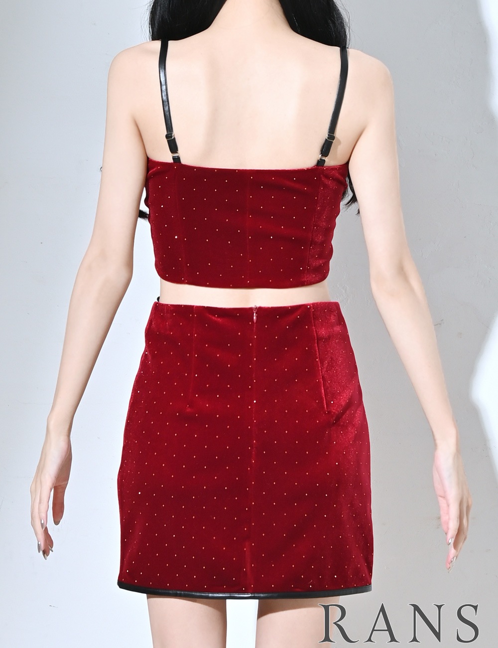 [Mのみ即納][instock]【RANS】ミニ/ドレス/セットアップ/タイト/レッド/ベロア/スタッズ/レザー
