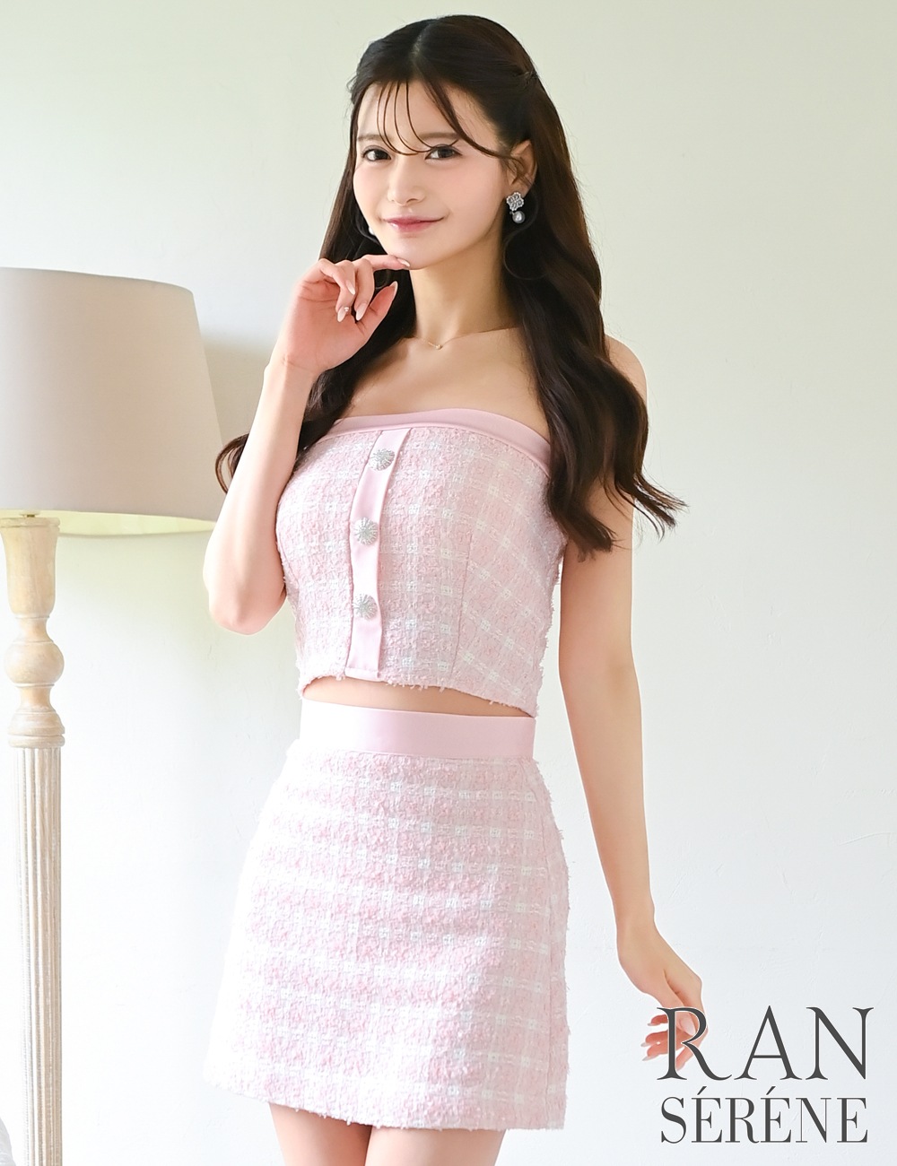 [即納][instock]【RAN SERENE】ミニ/ドレス/セットアップ/ピンク/ベア/フレア/ツイード/柄/チェック