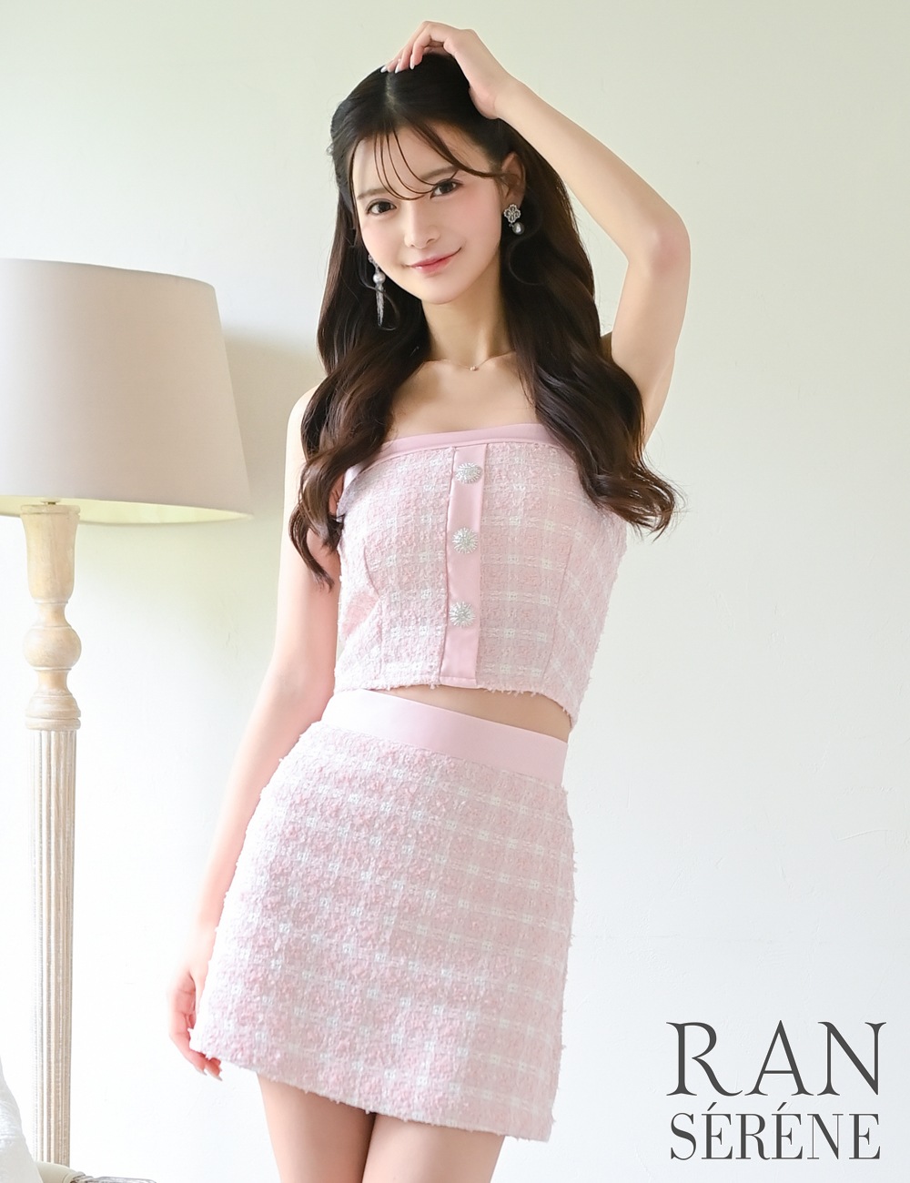 [即納][instock]【RAN SERENE】ミニ/ドレス/セットアップ/ピンク/ベア/フレア/ツイード/柄/チェック