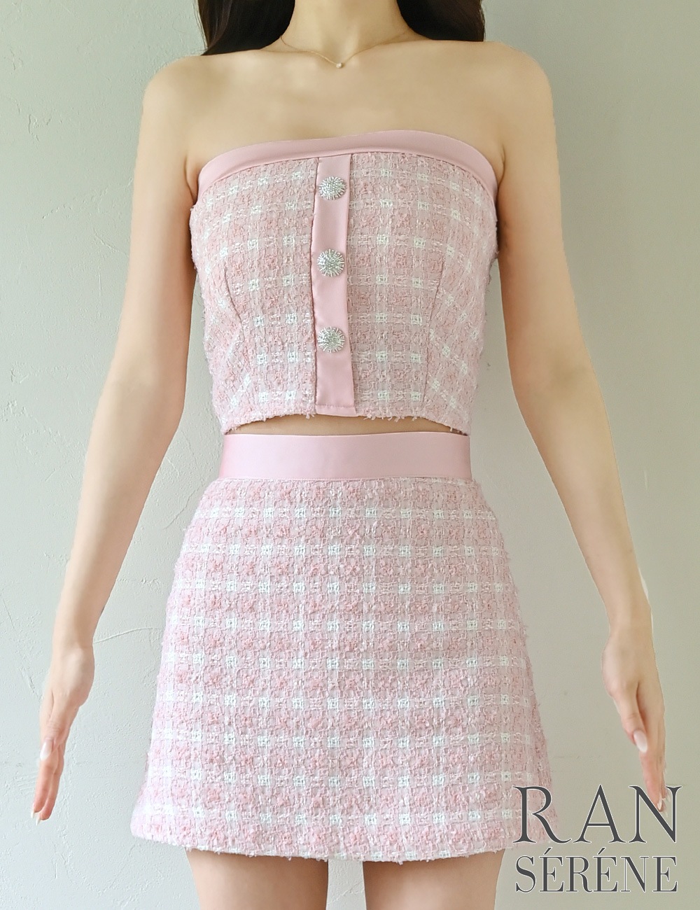 [即納][instock]【RAN SERENE】ミニ/ドレス/セットアップ/ピンク/ベア/フレア/ツイード/柄/チェック