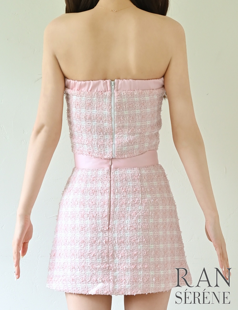 [即納][instock]【RAN SERENE】ミニ/ドレス/セットアップ/ピンク/ベア/フレア/ツイード/柄/チェック