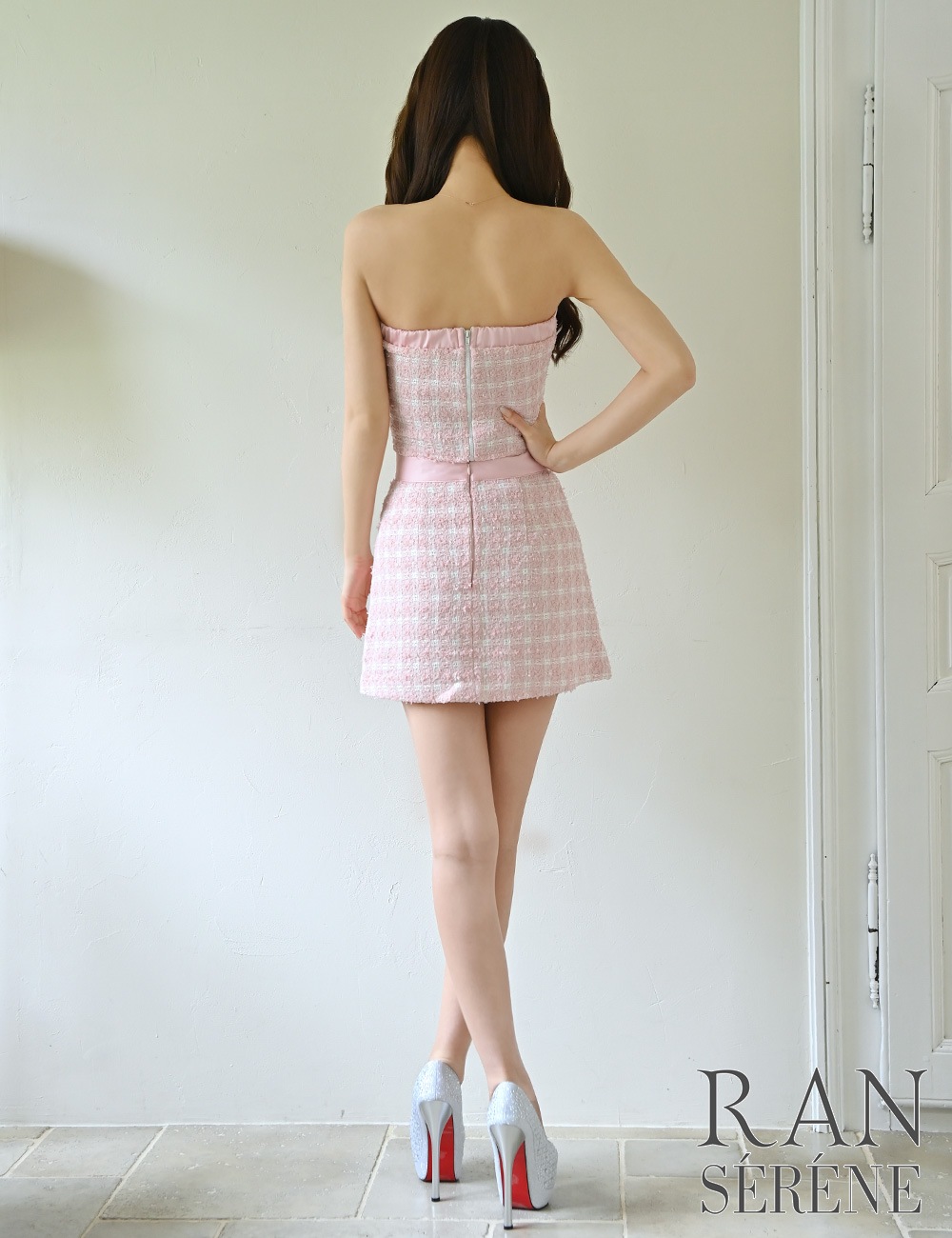 [即納][instock]【RAN SERENE】ミニ/ドレス/セットアップ/ピンク/ベア/フレア/ツイード/柄/チェック