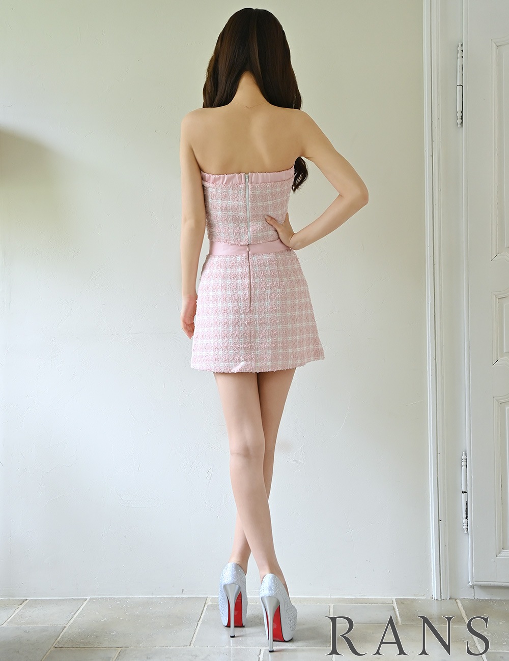 RANS ミニドレス ピンク セットアップ RANS】ミニ/ドレス/セットアップ/ピンク/ベア/フレア/ツイード