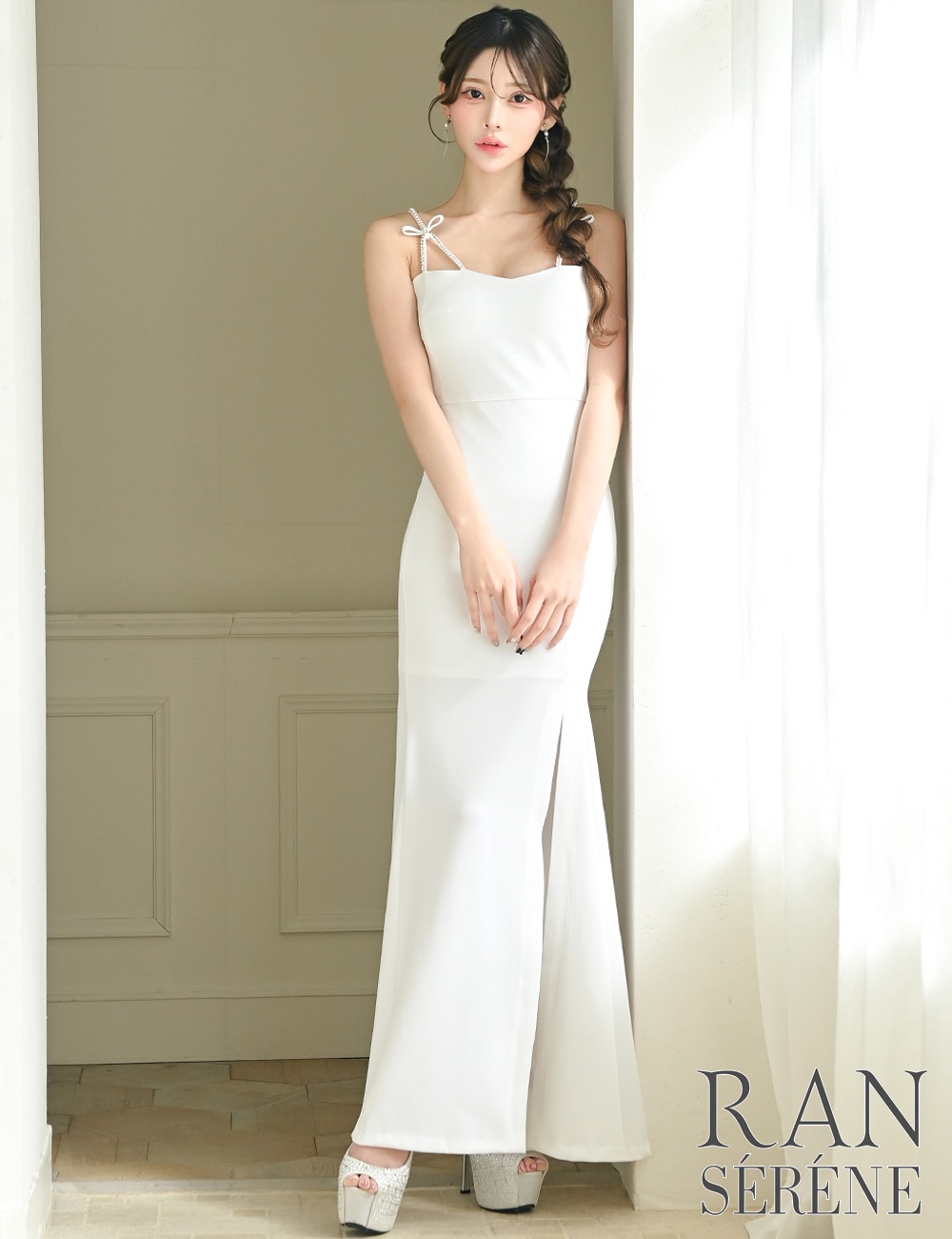 [Sのみ即納][instock]【RAN SERENE】ロング/ドレス/ワンピース/ホワイト/キャミ/ビジュー/リボン