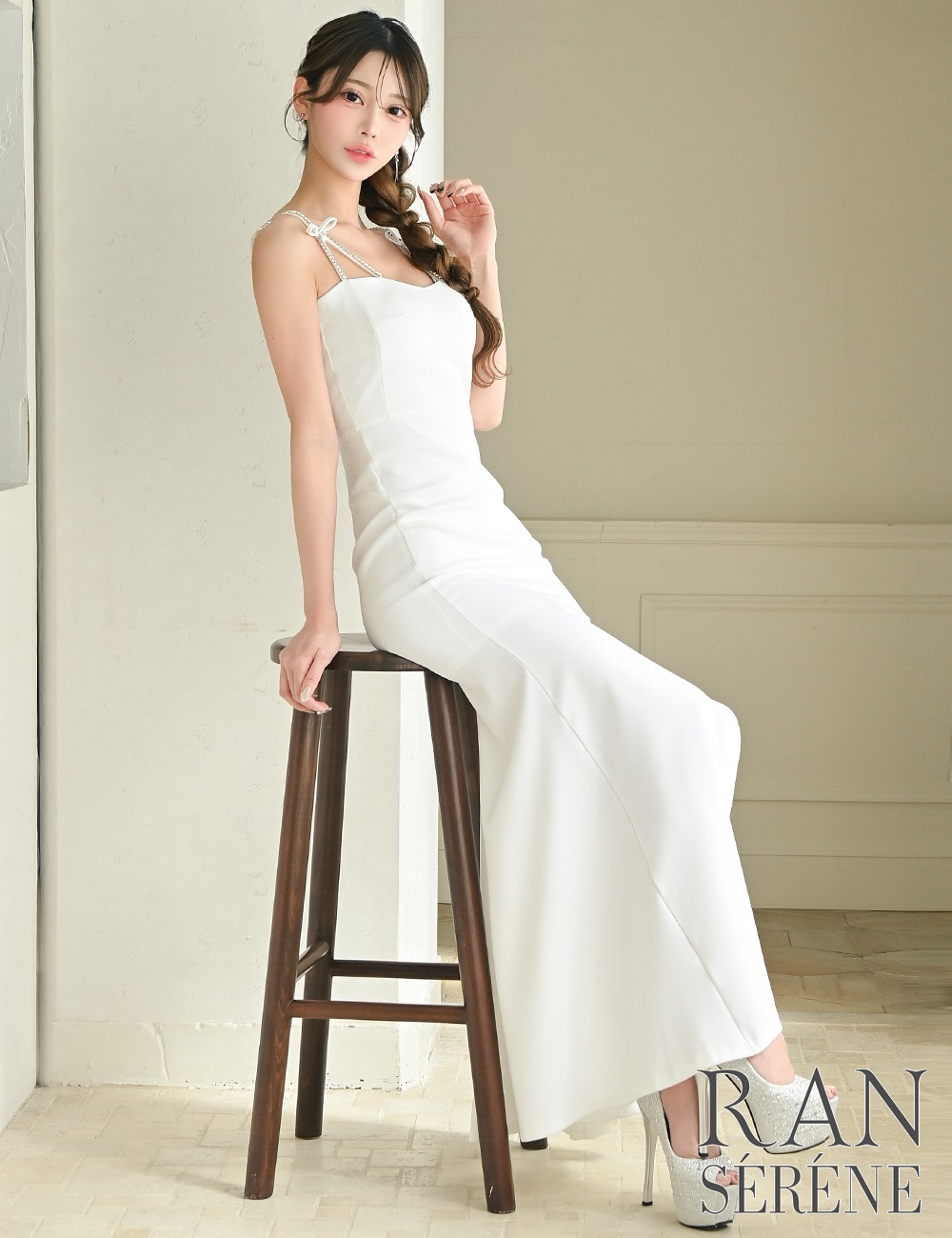 [Sのみ即納][instock]【RAN SERENE】ロング/ドレス/ワンピース/ホワイト/キャミ/ビジュー/リボン