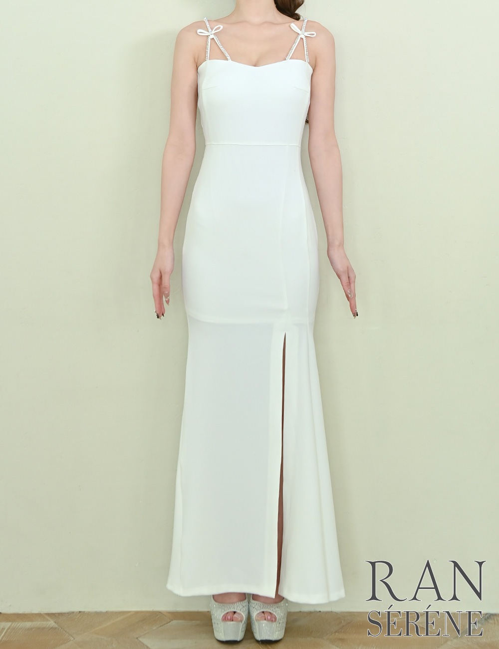 [Sのみ即納][instock]【RAN SERENE】ロング/ドレス/ワンピース/ホワイト/キャミ/ビジュー/リボン