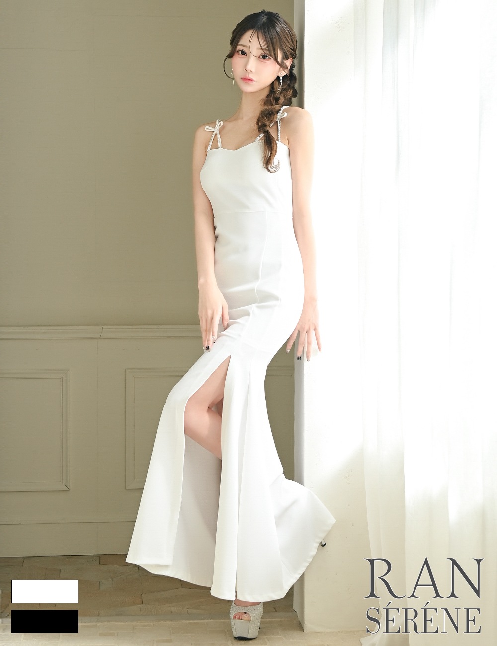 [Sのみ即納][instock]【RAN SERENE】ロング/ドレス/ワンピース/ホワイト/キャミ/ビジュー/リボン