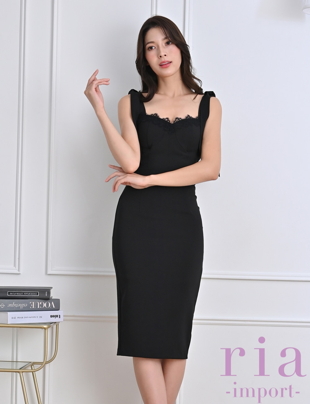 ria】丈長/ドレス/ワンピース/タイト/リボンショルダー/ブラック