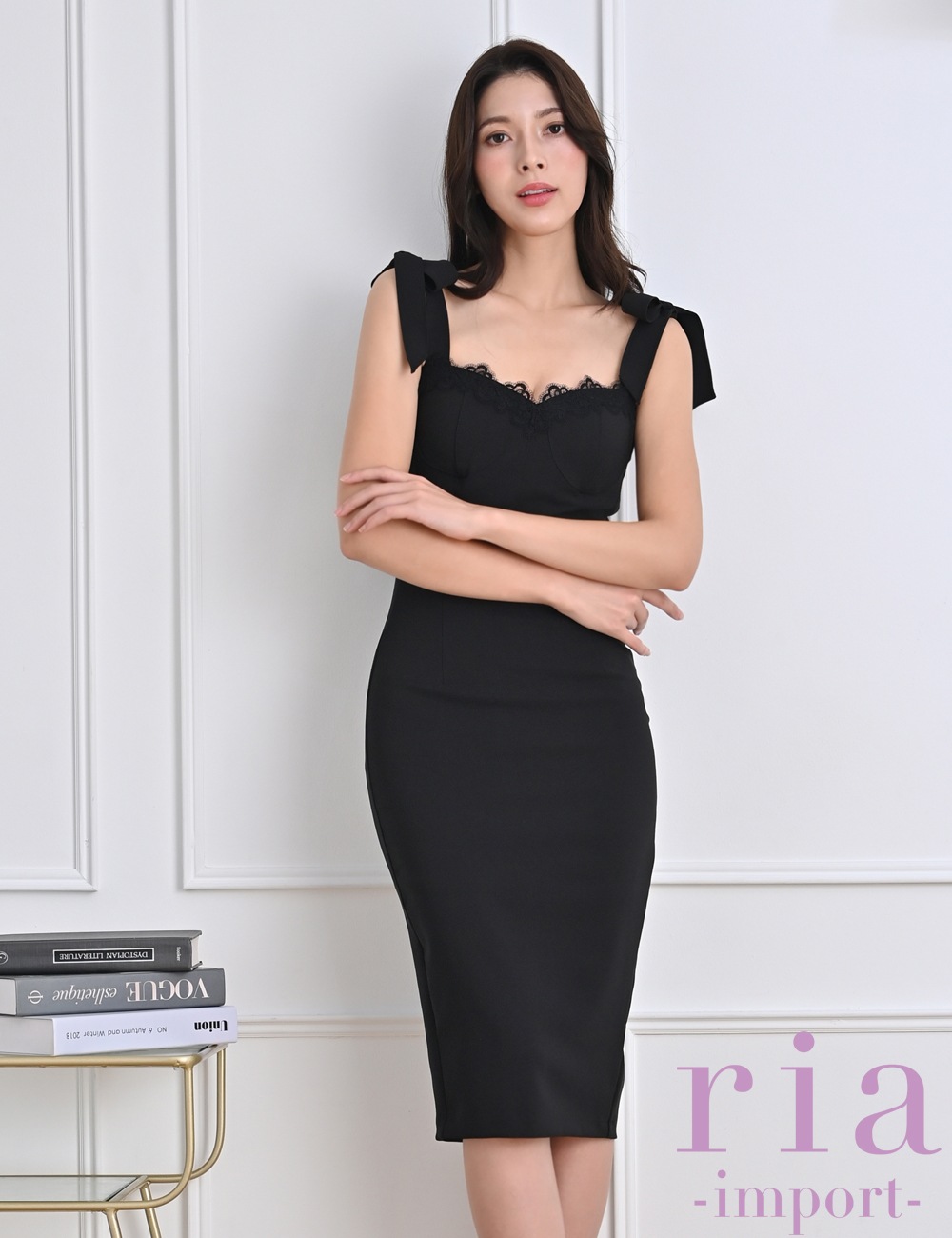 【ria】丈長/ドレス/ワンピース/タイト/リボンショルダー/ブラック/キャミ