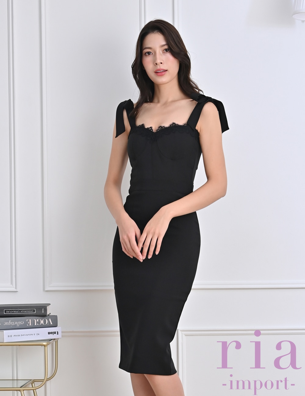 Riu リボンショートドレス　ブラック レディース ビッグリボンワンピース チュール レース パフスリーブ