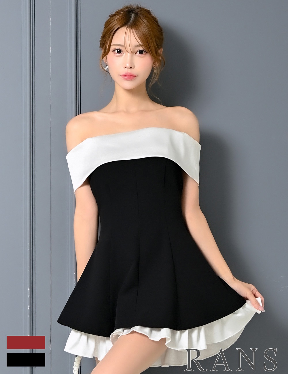 [Sのみ即納][instock]【RANS】ミニ/ドレス/ワンピース/ブラック/オフショル/フレア