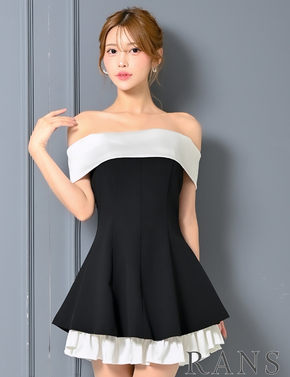 [Sのみ即納][instock]【RANS】ミニ/ドレス/ワンピース/ブラック/オフショル/フレア
