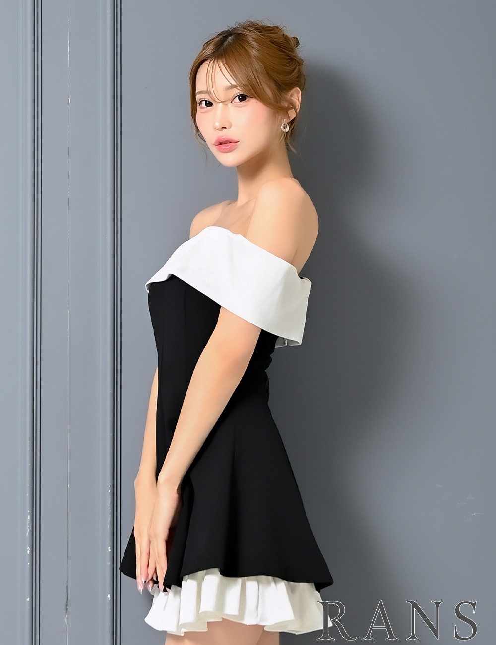 [Sのみ即納][instock]【RANS】ミニ/ドレス/ワンピース/ブラック/オフショル/フレア
