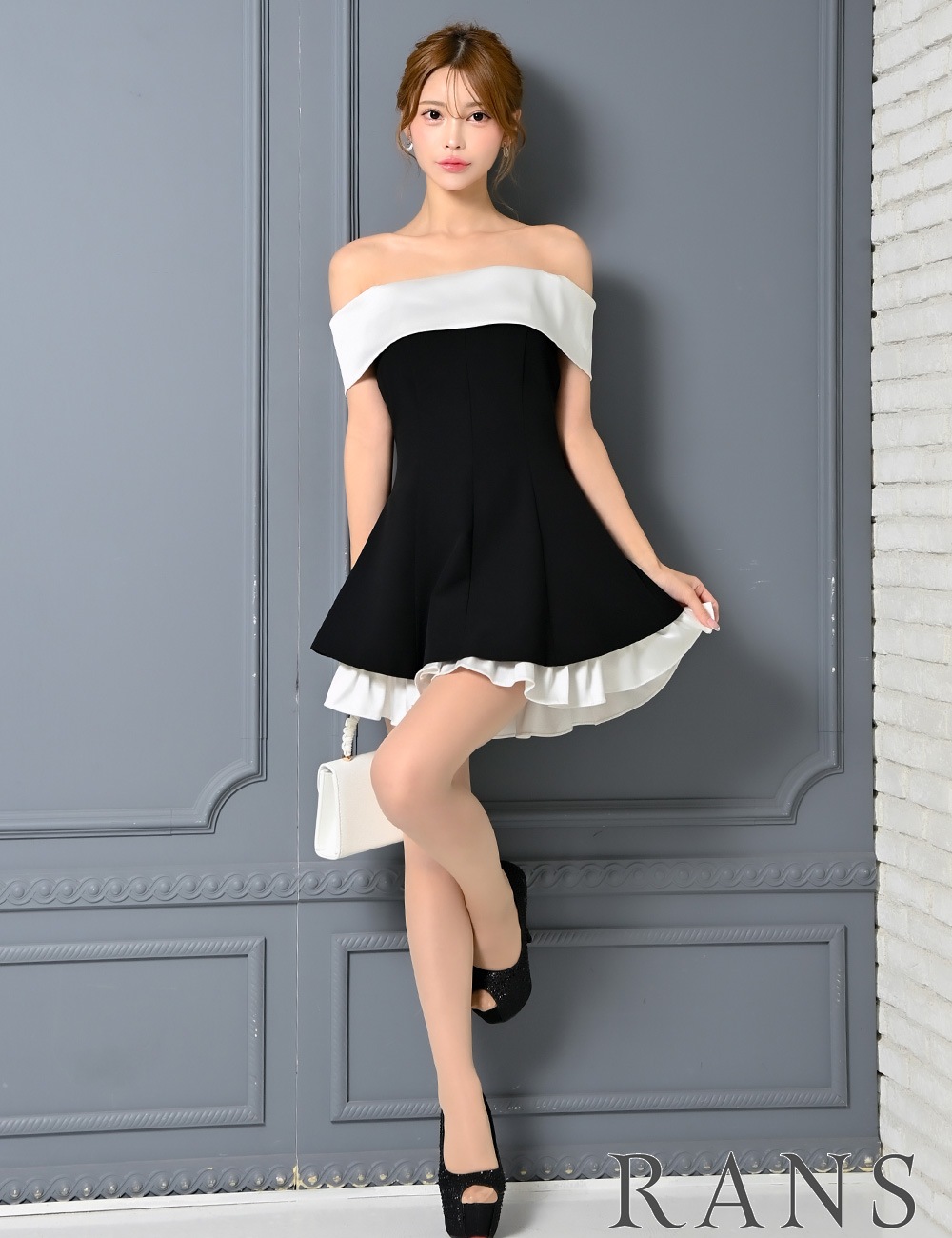 [Sのみ即納][instock]【RANS】ミニ/ドレス/ワンピース/ブラック/オフショル/フレア