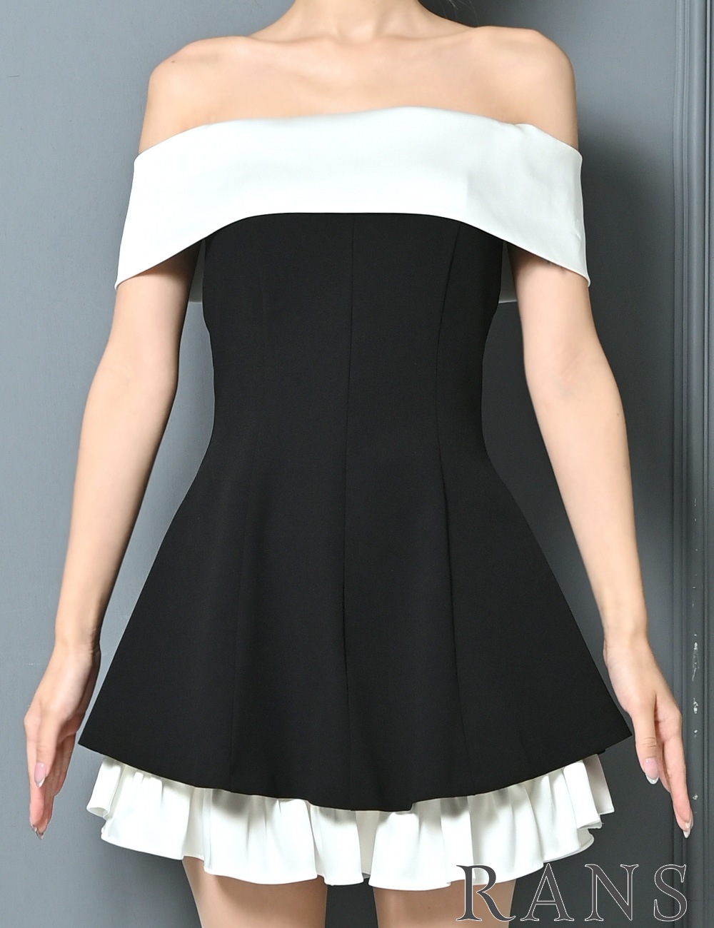 [Sのみ即納][instock]【RANS】ミニ/ドレス/ワンピース/ブラック/オフショル/フレア