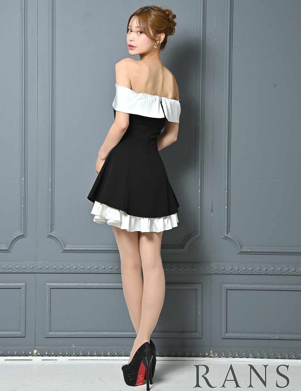 [Sのみ即納][instock]【RANS】ミニ/ドレス/ワンピース/ブラック/オフショル/フレア