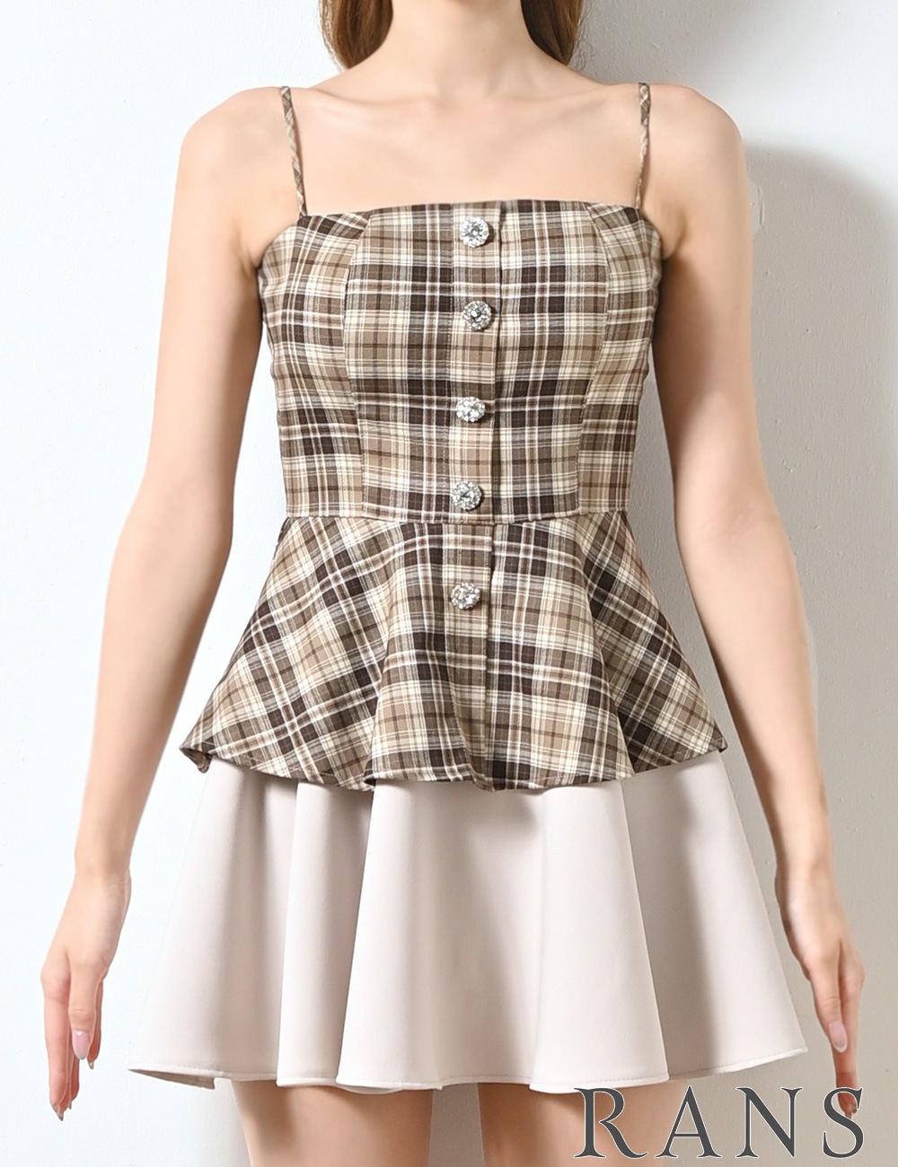 [即納][instock]【RANS】ミニ/ドレス/ワンピース/ベージュ/ブラウン/キャミ/フレア/レイヤード風/柄/チェック