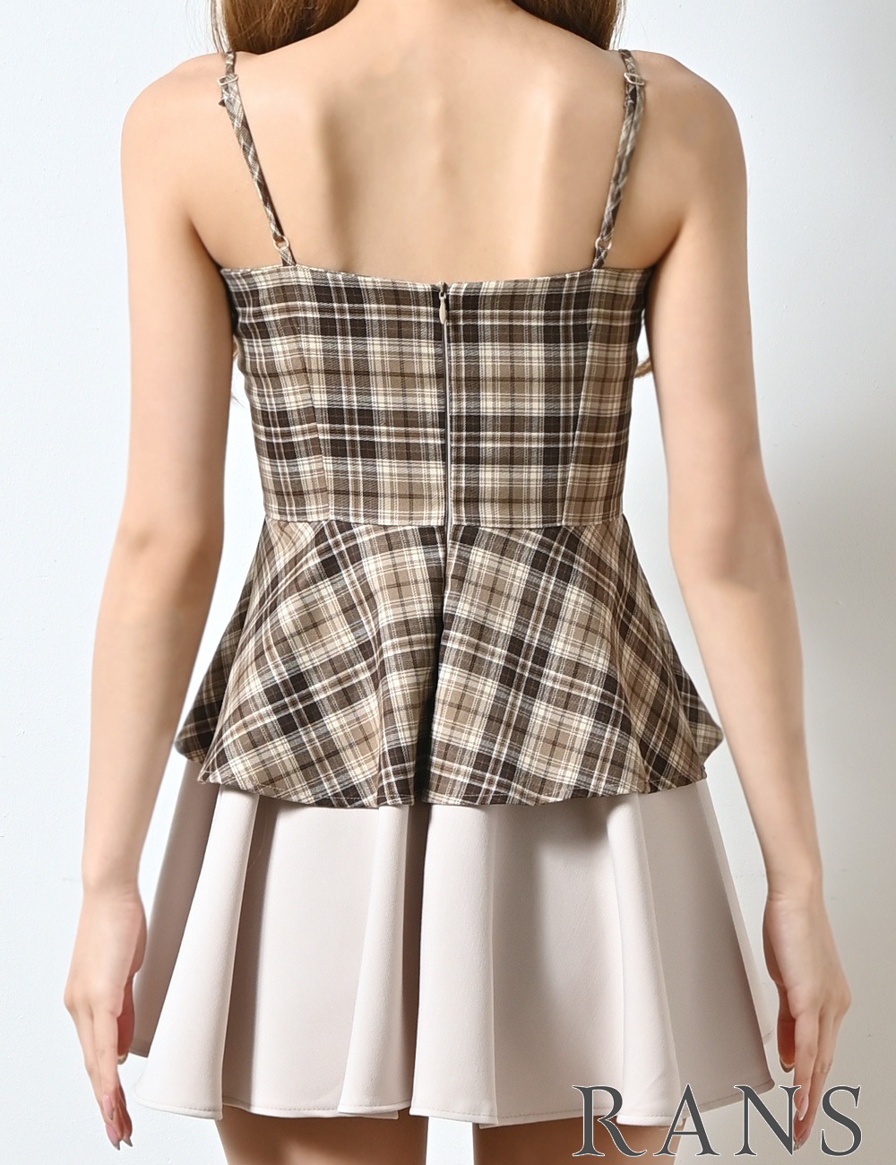 [即納][instock]【RANS】ミニ/ドレス/ワンピース/ベージュ/ブラウン/キャミ/フレア/レイヤード風/柄/チェック
