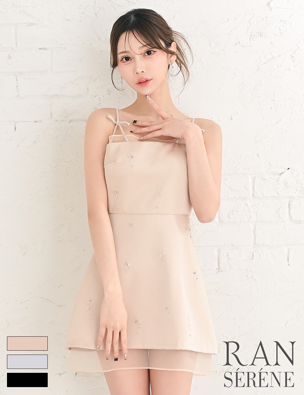 [Mのみ即納][instock]【RAN SERENE】ミニ/ドレス/ワンピース/ベージュ/キャミ/フレア/サテン/ビジュー/リボン/シアー
