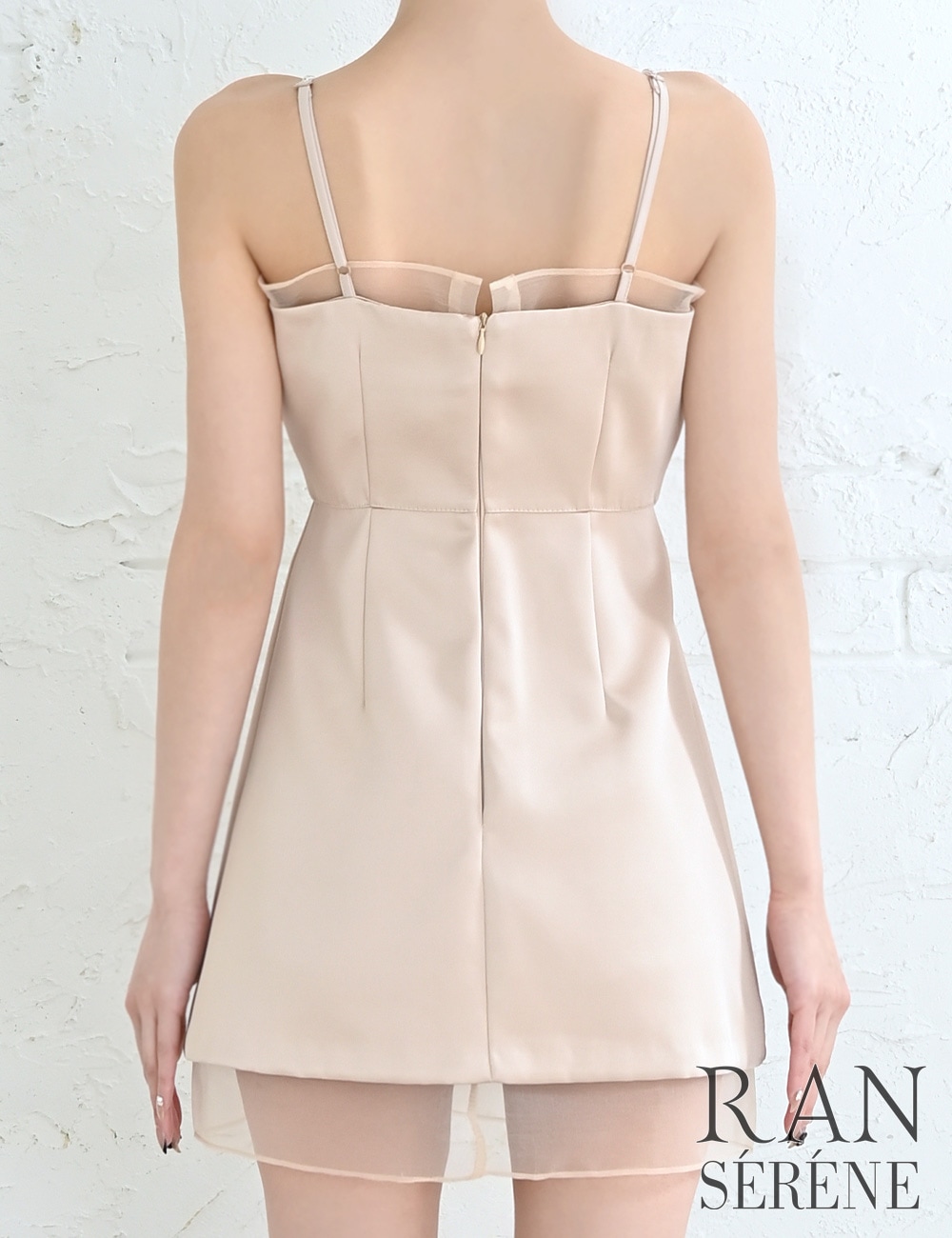 [Mのみ即納][instock]【RAN SERENE】ミニ/ドレス/ワンピース/ベージュ/キャミ/フレア/サテン/ビジュー/リボン/シアー