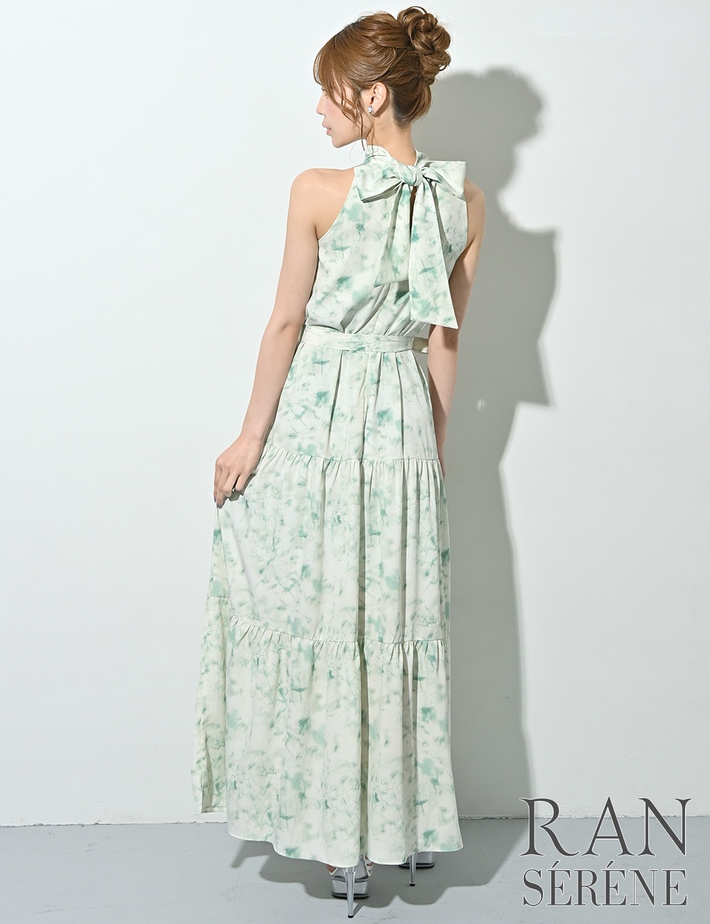 [即納][instock]【RAN SERENE】ロング/ドレス/グリーン/アメスリ/フレア/柄/花柄/リボン