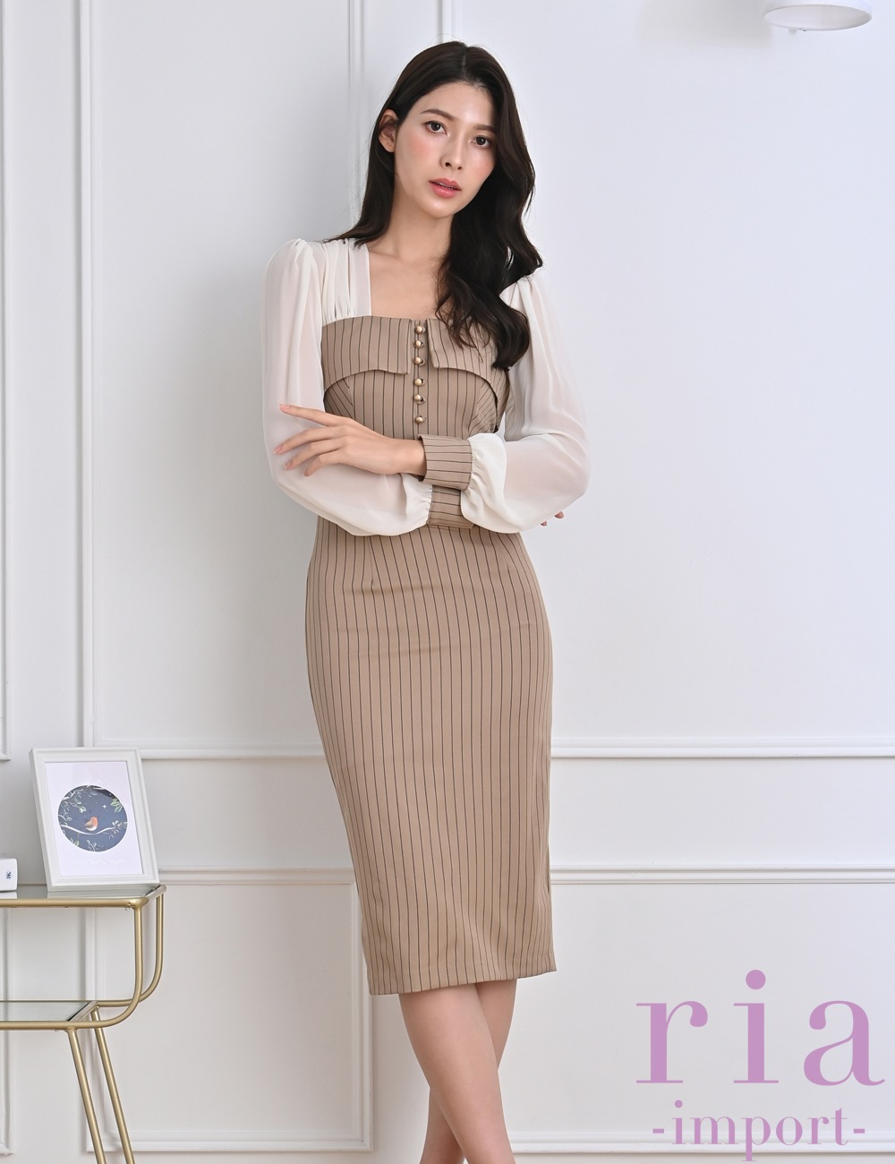 【ria】丈長/ドレス/ワンピース/ベージュ/袖あり/長袖/ストライプ/シアー切り替え/タイト