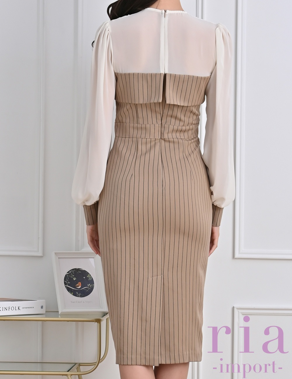 【ria】丈長/ドレス/ワンピース/ベージュ/袖あり/長袖/ストライプ/シアー切り替え/タイト