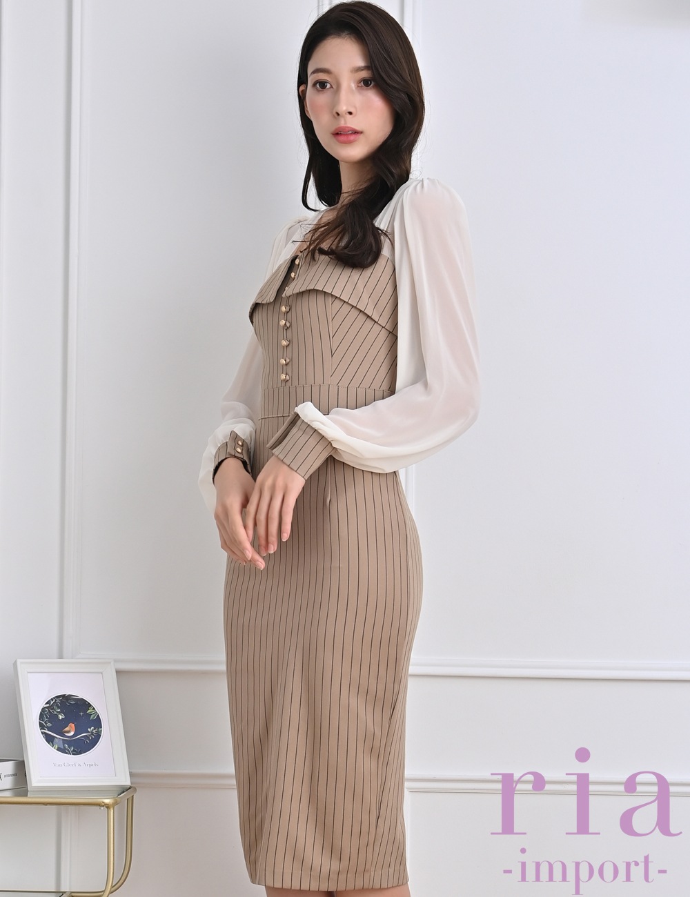 【ria】丈長/ドレス/ワンピース/ベージュ/袖あり/長袖/ストライプ/シアー切り替え/タイト