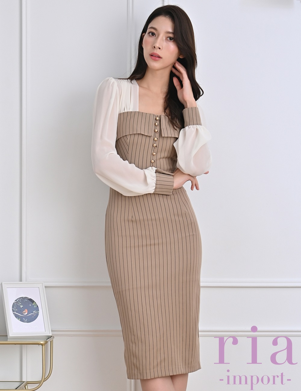 【ria】丈長/ドレス/ワンピース/ベージュ/袖あり/長袖/ストライプ/シアー切り替え/タイト