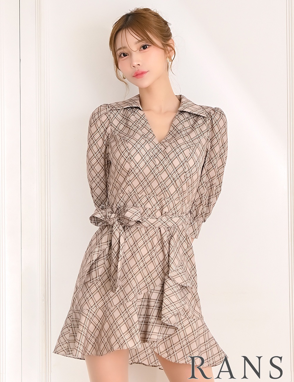 [Sのみ即納][instock]【RANS】ミニ/ドレス/ワンピース/ベージュ/ブラウン/襟付き/袖あり/フレア/リボン/柄/チェック