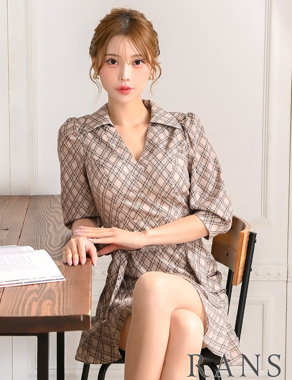 [Sのみ即納][instock]【RANS】ミニ/ドレス/ワンピース/ベージュ/ブラウン/襟付き/袖あり/フレア/リボン/柄/チェック