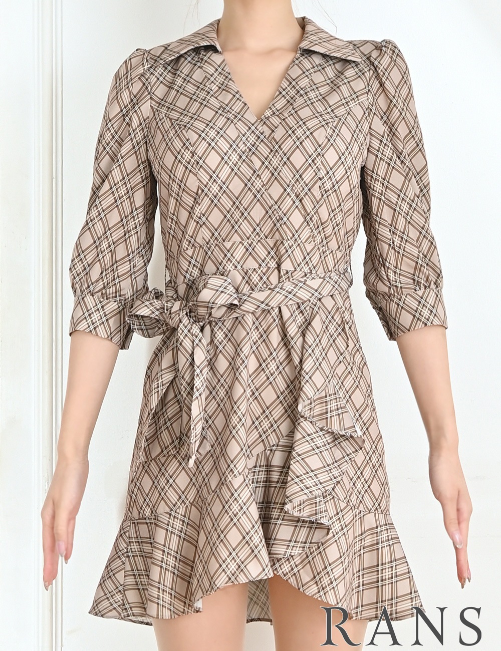 [Sのみ即納][instock]【RANS】ミニ/ドレス/ワンピース/ベージュ/ブラウン/襟付き/袖あり/フレア/リボン/柄/チェック