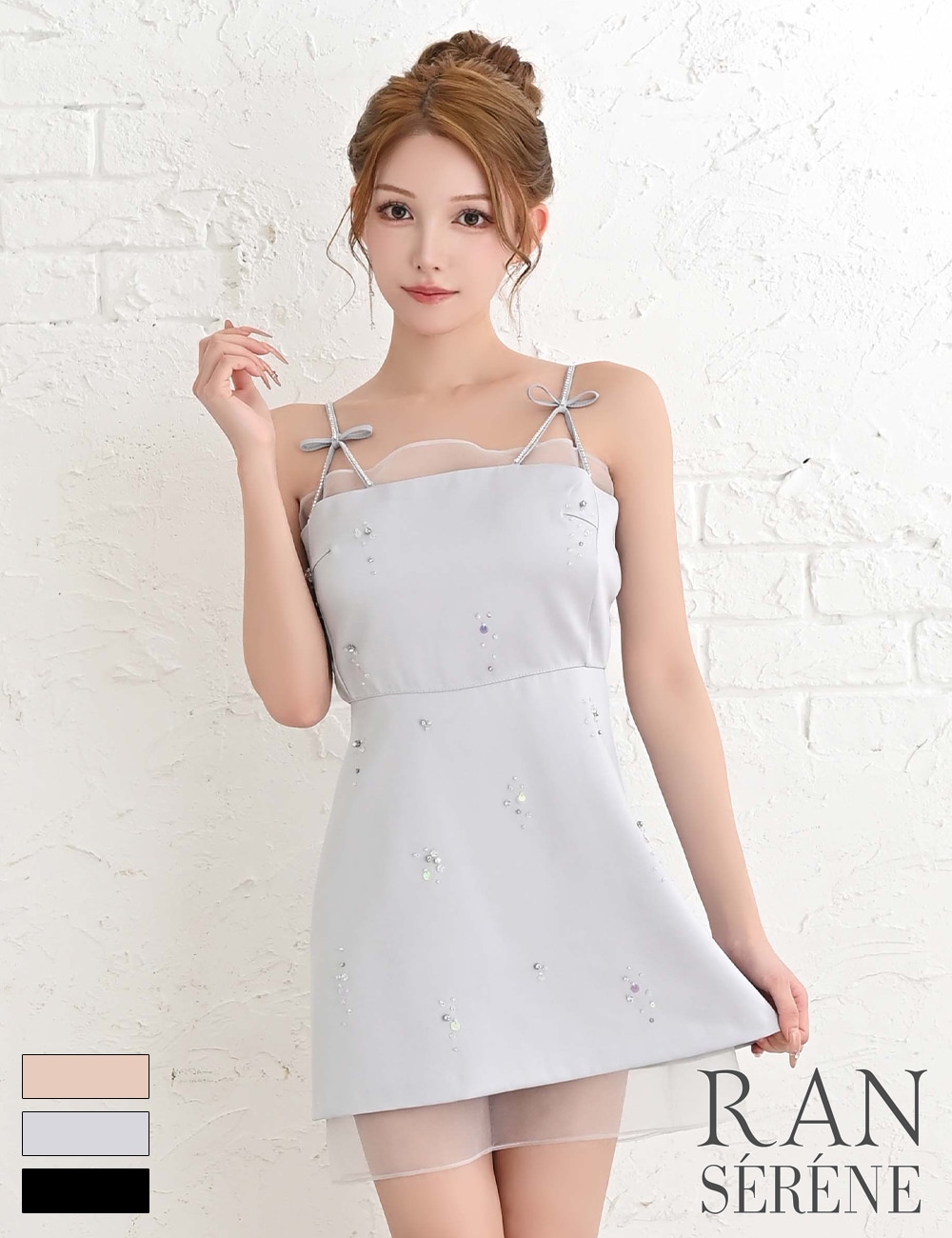 [Mのみ即納][instock]【RAN SERENE】ミニ/ドレス/ワンピース/グレー/キャミ/フレア/サテン/ビジュー/リボン/シアー